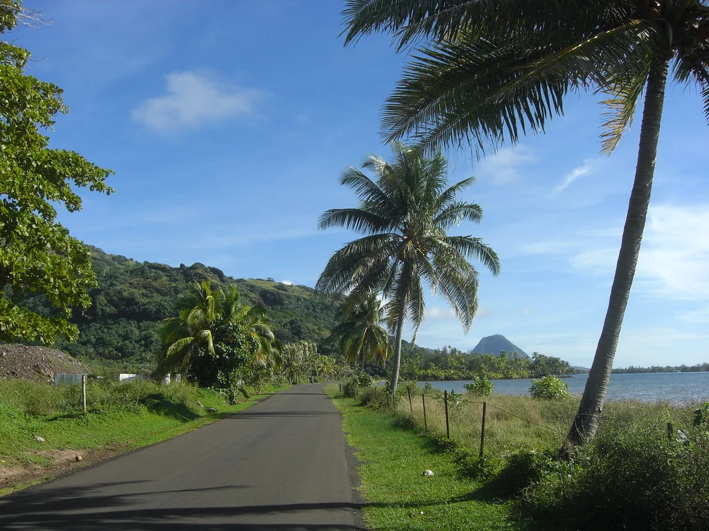 Une route de Huahine bordée de cocotiers.