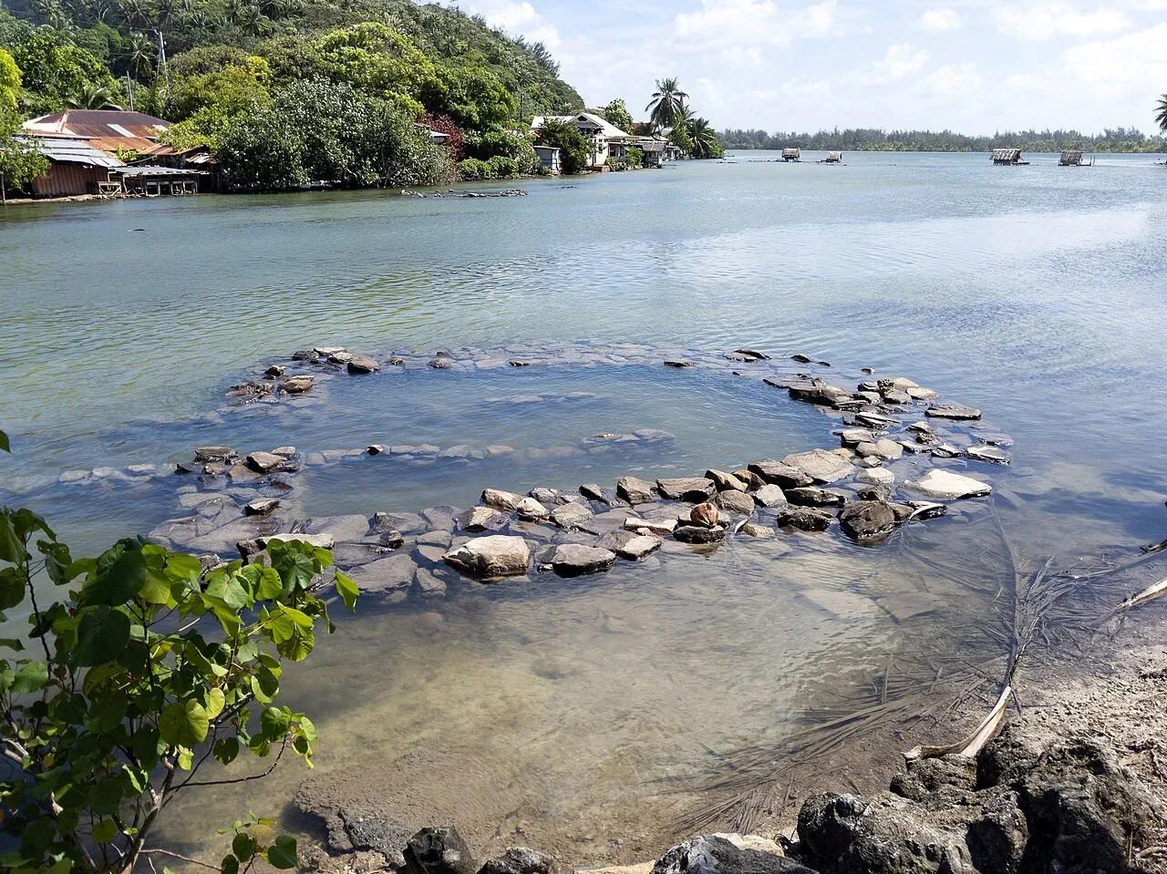 Un parc à poissons en pierres dans l’eau peu profonde à Maeva, avec des maisons et des arbres sur la rive opposée.