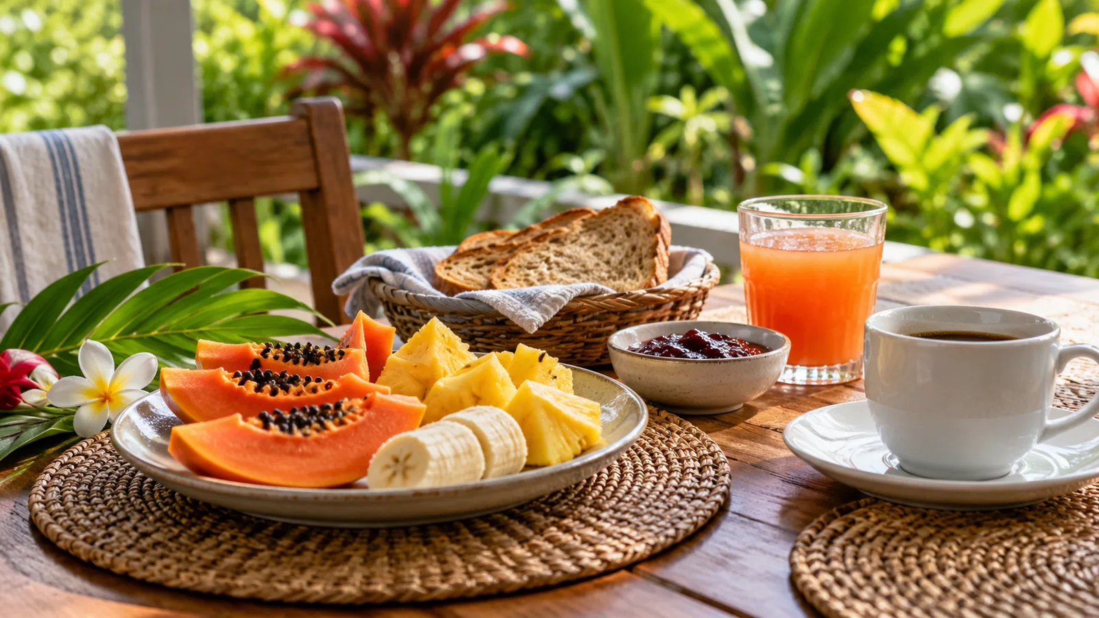 Petit déjeuner tropical avec fruits frais, illustration d’ambiance.