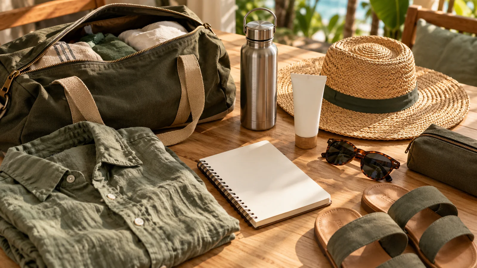 Préparation d’un sac de voyage pour un séjour tropical, illustration d’ambiance.
