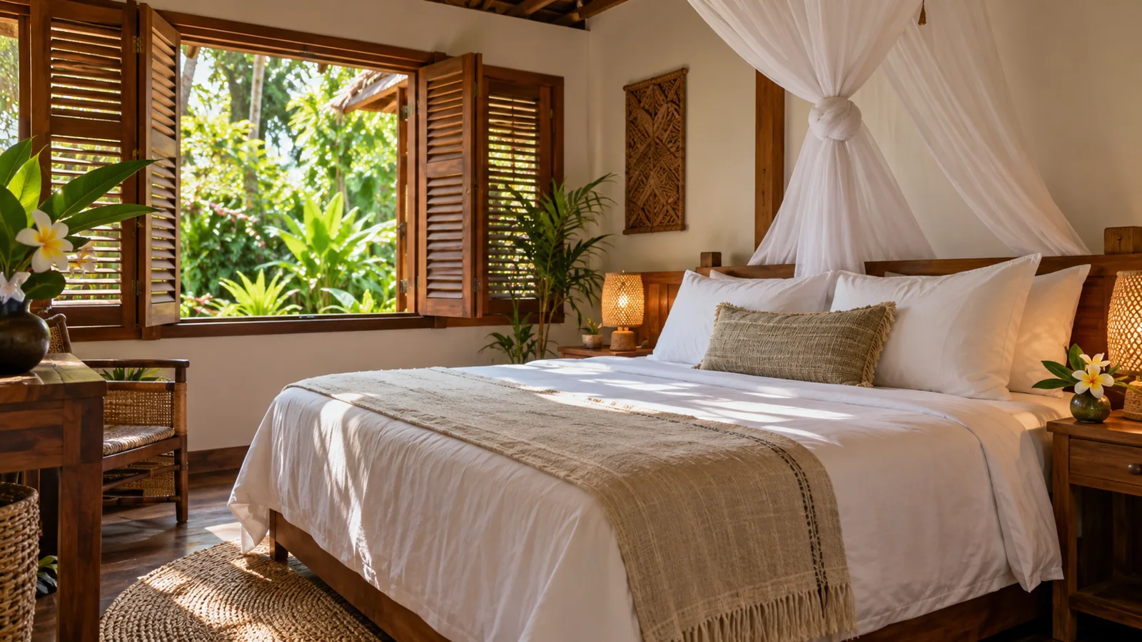 Chambre tropicale avec moustiquaire et jardin, illustration d’ambiance.