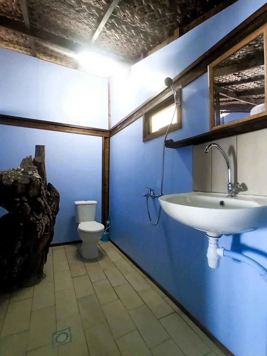 Salle d eau du bungalow Te Nahe Toetoe avec lavabo, douche et toilettes.