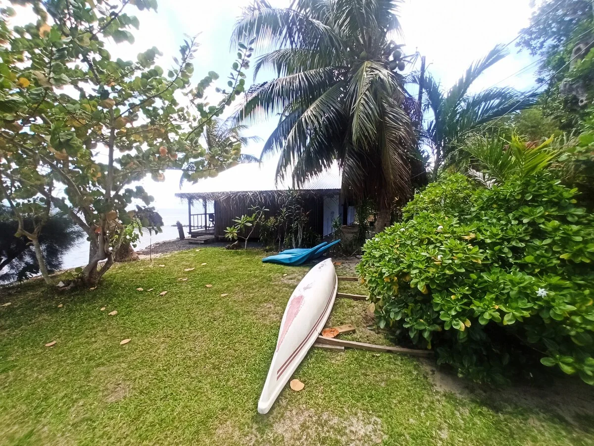 Jardin du bungalow Te Nahe Toetoe et kayaks mis a disposition pres du rivage.
